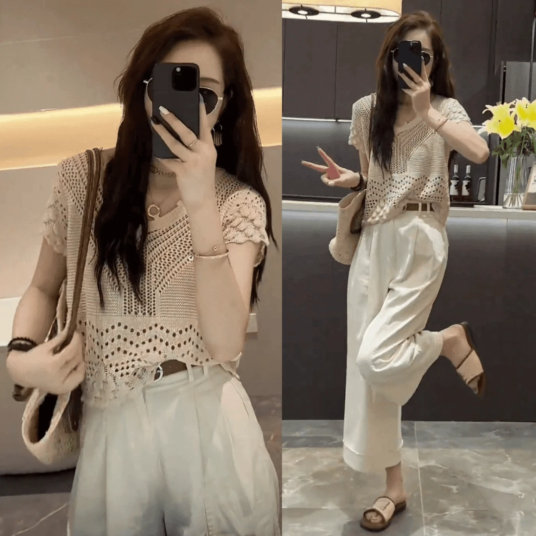 夏季穿搭一整套短袖针织衫九分休闲阔腿裤套装2025夏季新款时尚