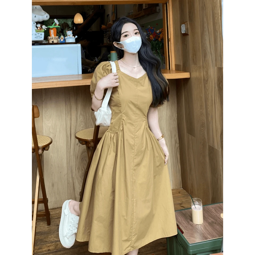 夏季大码胖mm收腰显瘦黑色高级气质长裙子法式泡泡袖V领连衣裙女