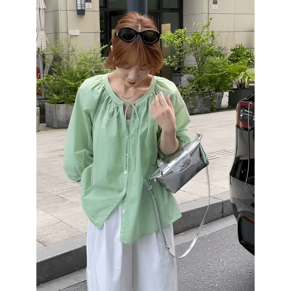 法式独特绿色泡泡袖雪纺衬衫女夏季大码胖mm宽松绑带小衫防晒上衣