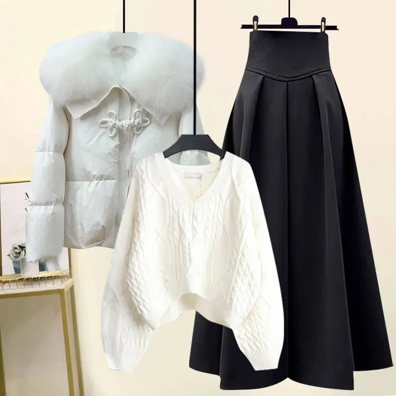 2024冬季套装裙新中式国风棉服针织毛衣女上衣搭半身裙三件套大码
