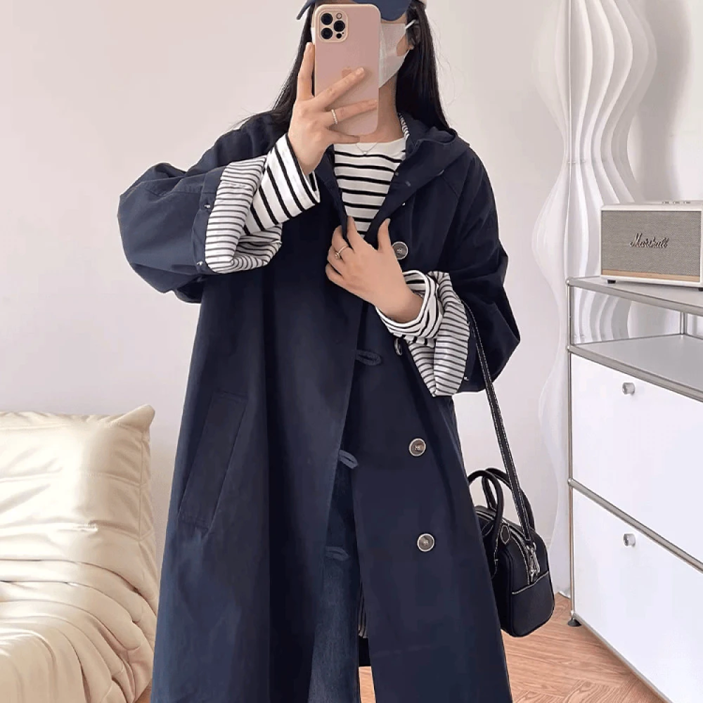 韩系中长款连帽风衣外套女2024早秋新款宽松工装复古流行派克大衣