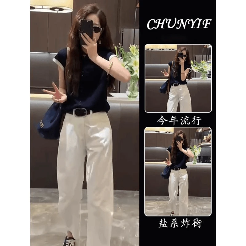 夏装搭配一整套微胖盐系轻熟polo领短袖上衣阔腿裤显瘦两件套装女