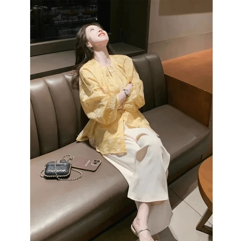 夏装搭配一整套时尚洋气减龄穿搭黄色防晒衬衫阔腿九分裤两件套女