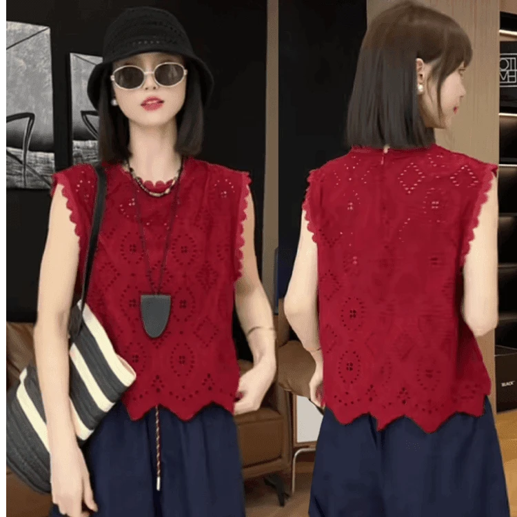 蕾丝镂空无袖衬衫背心女2024夏季新款气质减龄小衫百搭漂亮上衣潮