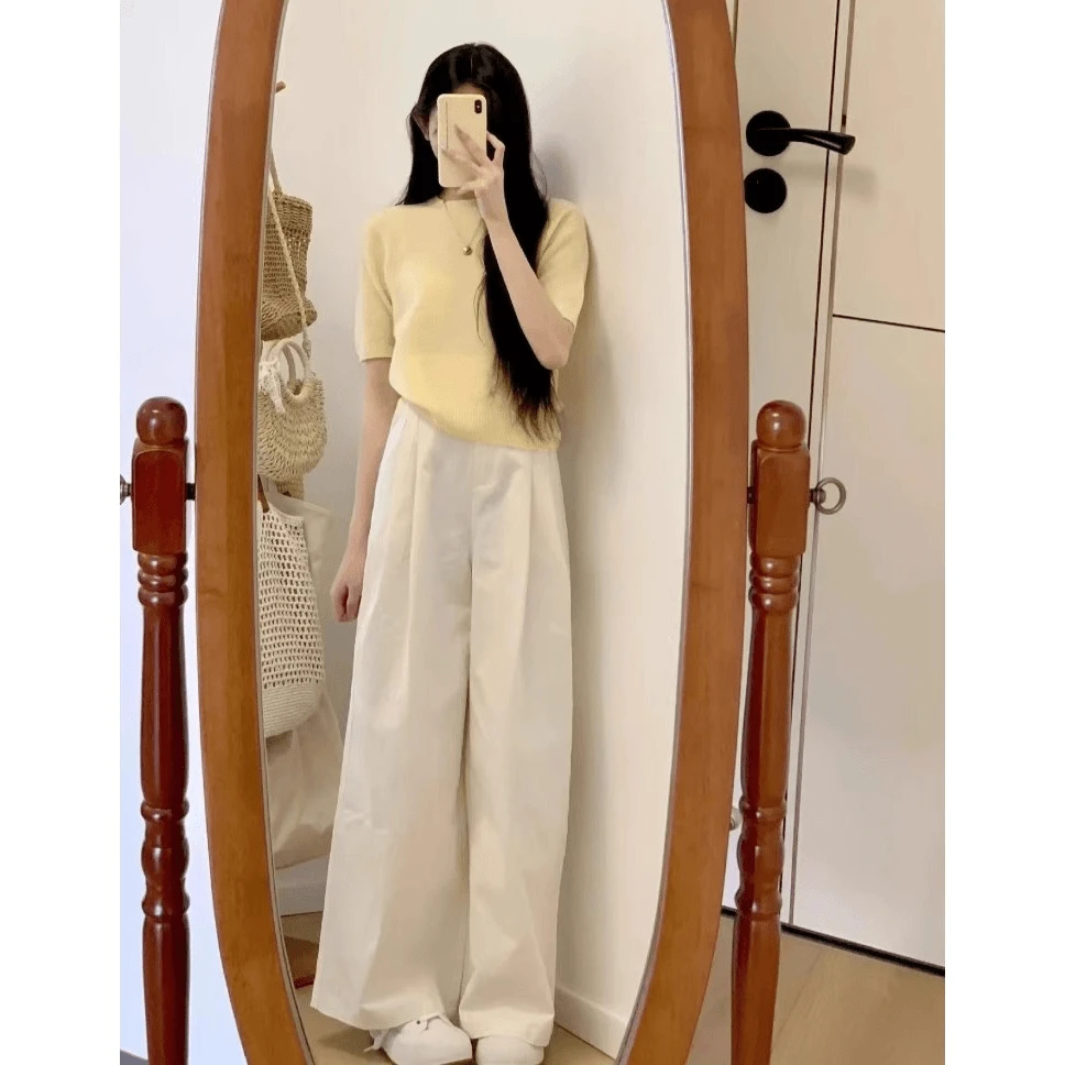 夏季小个子穿搭一整套女黄色短袖上衣阔腿裤可盐可甜减龄两件套装