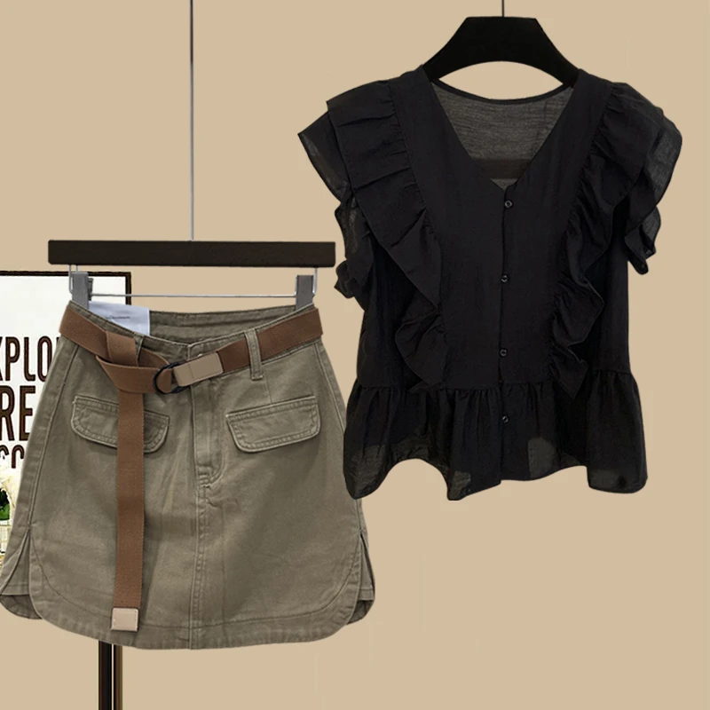 大码女装春夏新款胖mm法式洋气小飞袖雪纺衫显瘦百搭牛仔半身裙潮