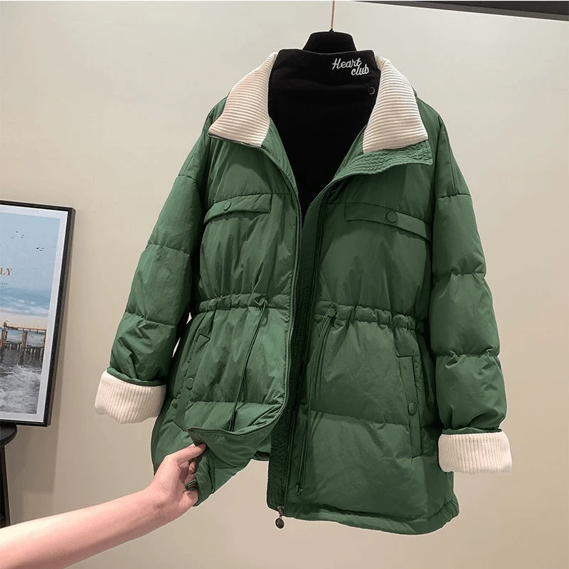 冬季女装2024新款棉服女撞色中长款灯芯绒宽松收腰显瘦时尚外套女