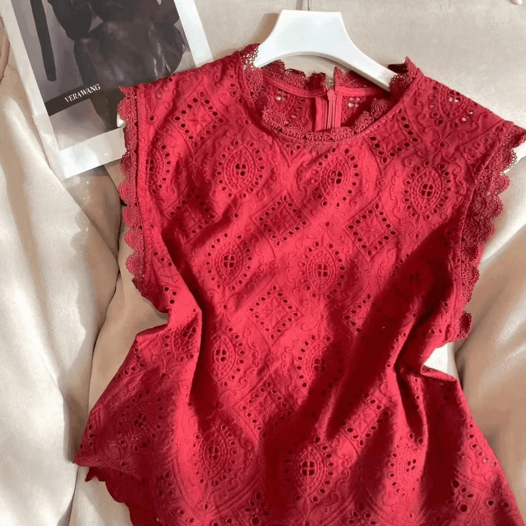 别致刺绣蕾丝拼接镂空T恤女2024夏季新款花边高级感气质无袖上衣