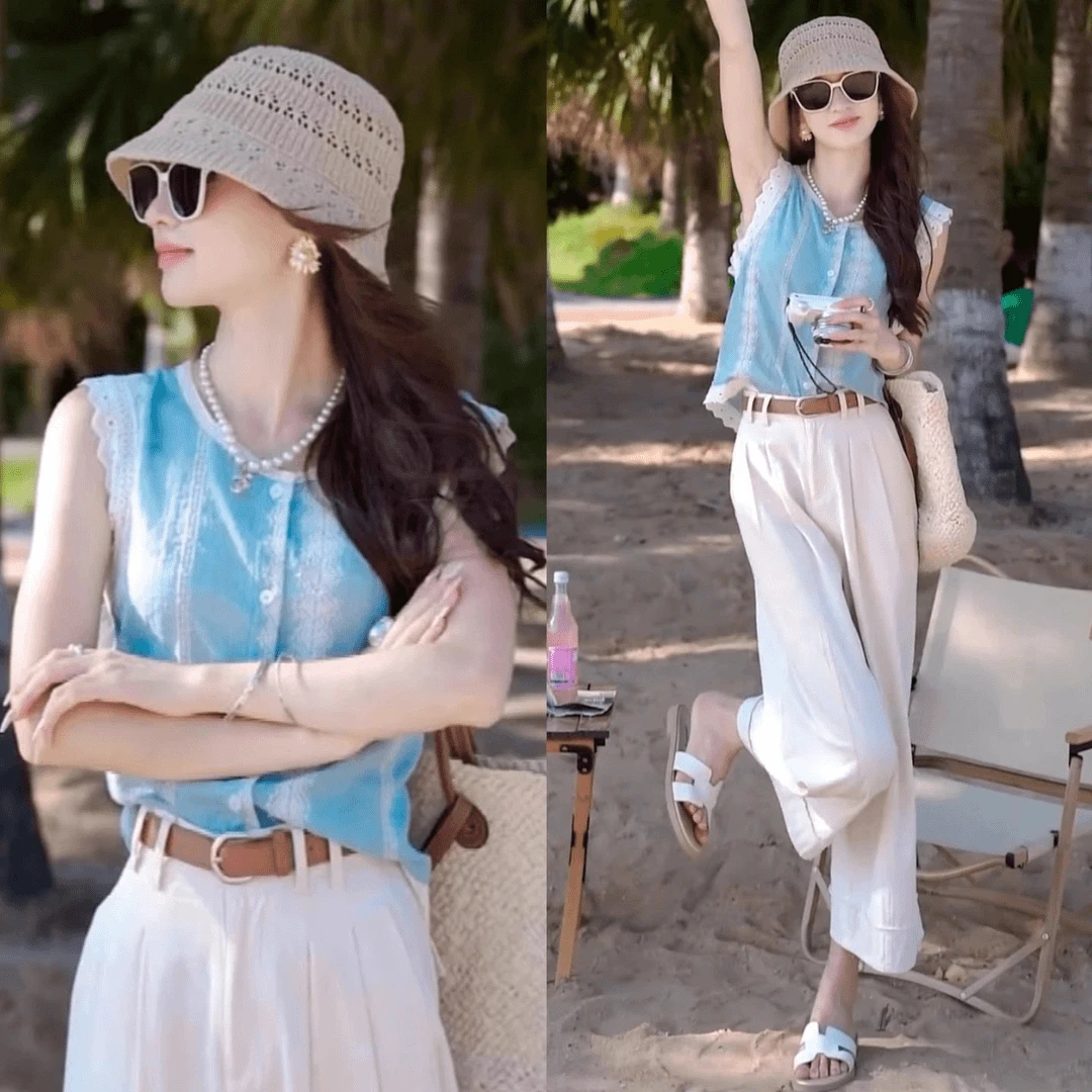 夏装搭配一整套无袖花边衬衫九分阔腿裤两件套小个子显高时尚套装