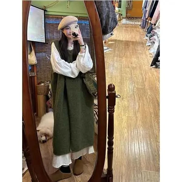 多巴胺绿色双排扣毛呢背心裙女慵懒风叠穿长款针织长裙两件套装