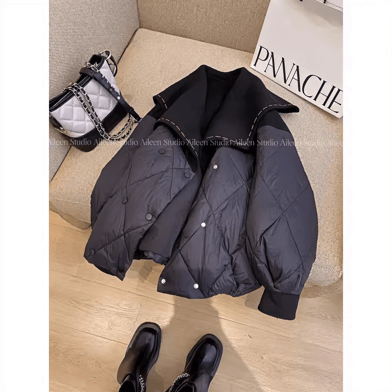 设计感小众毛呢拼接棉服外套女冬季新款百搭显瘦胖mm黑色短款棉袄