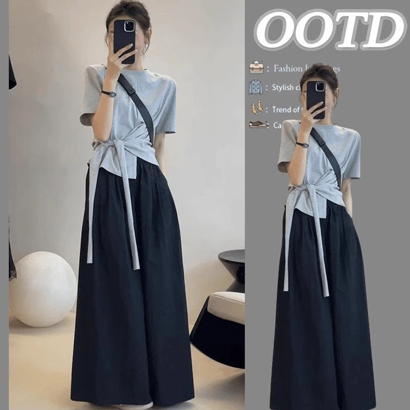 2025韩系气质休闲不规则绑带短袖T恤女高腰显瘦阔腿裤减龄两件套