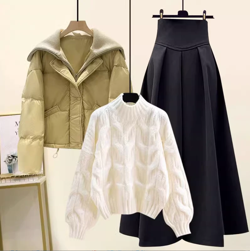 2024新款冬季套装短款棉服慵懒风针织毛衣百搭连衣裙三件套1003