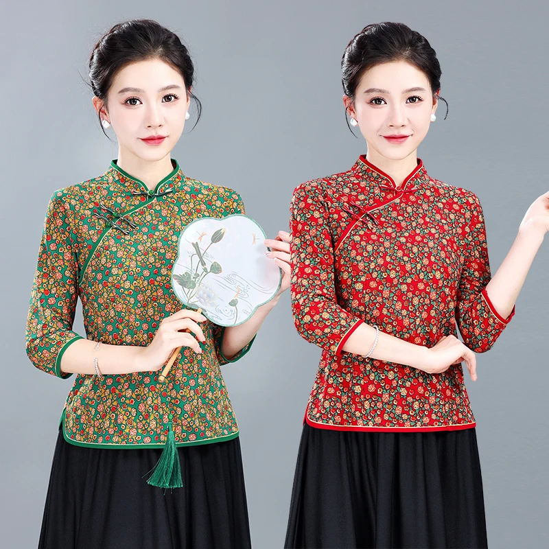 中年妈妈夏装中袖旗袍上衣2024新款盘扣中国风唐装中老年女装小衫