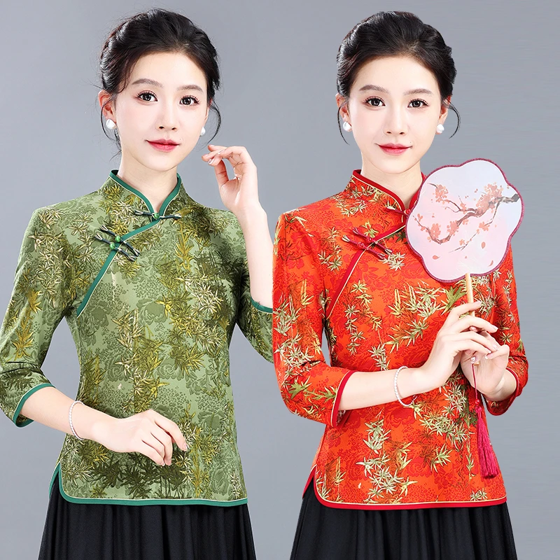 中年妈妈夏装唐装旗袍上衣女洋气小衫中老年人夏季中袖T恤打底衫