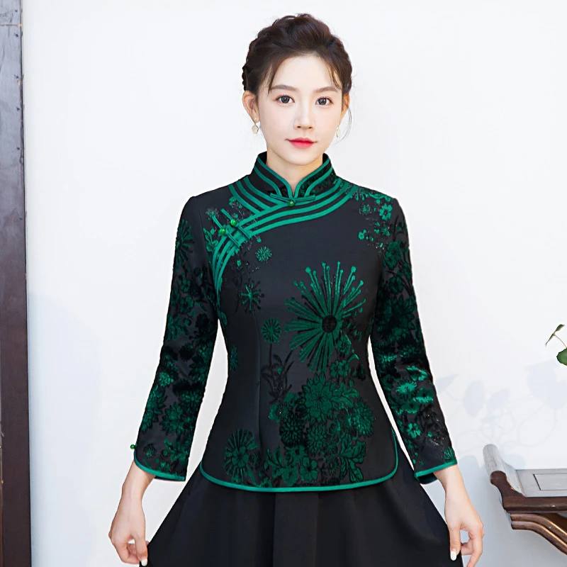 中年春秋装长袖改良旗袍上衣妈妈唐装小衫民族风打底衫母亲节礼物