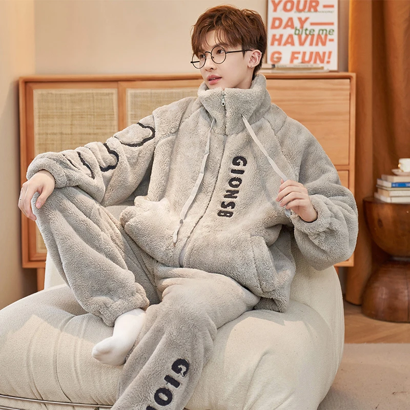 2024新款珊瑚绒睡衣男士秋冬季加绒加厚冬天青少年男生家居服套装