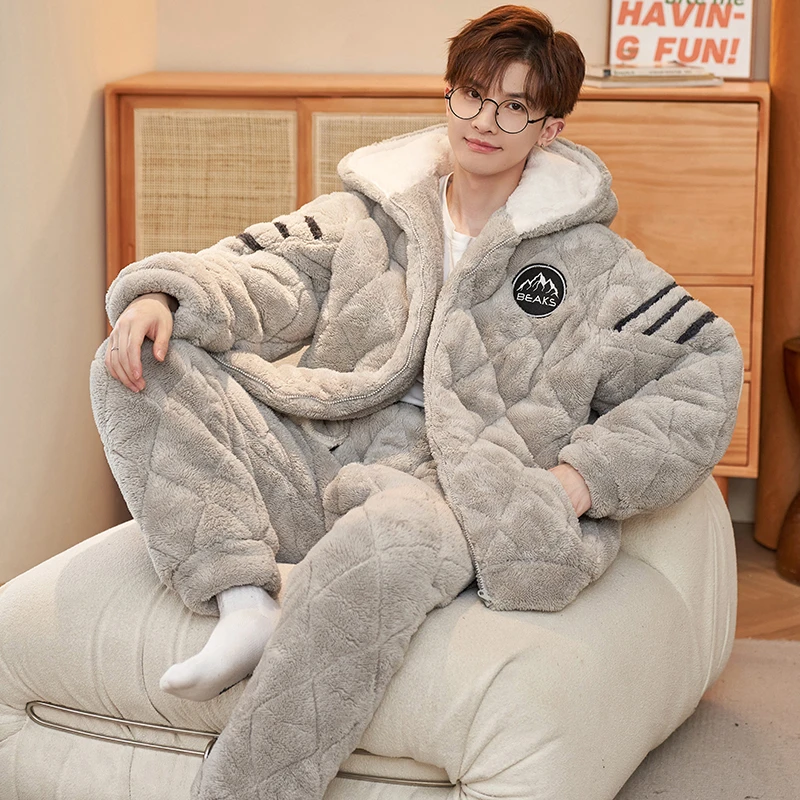 3137男士睡衣冬季法兰绒三层夹棉袄加绒保暖连帽珊瑚绒冬款家居服