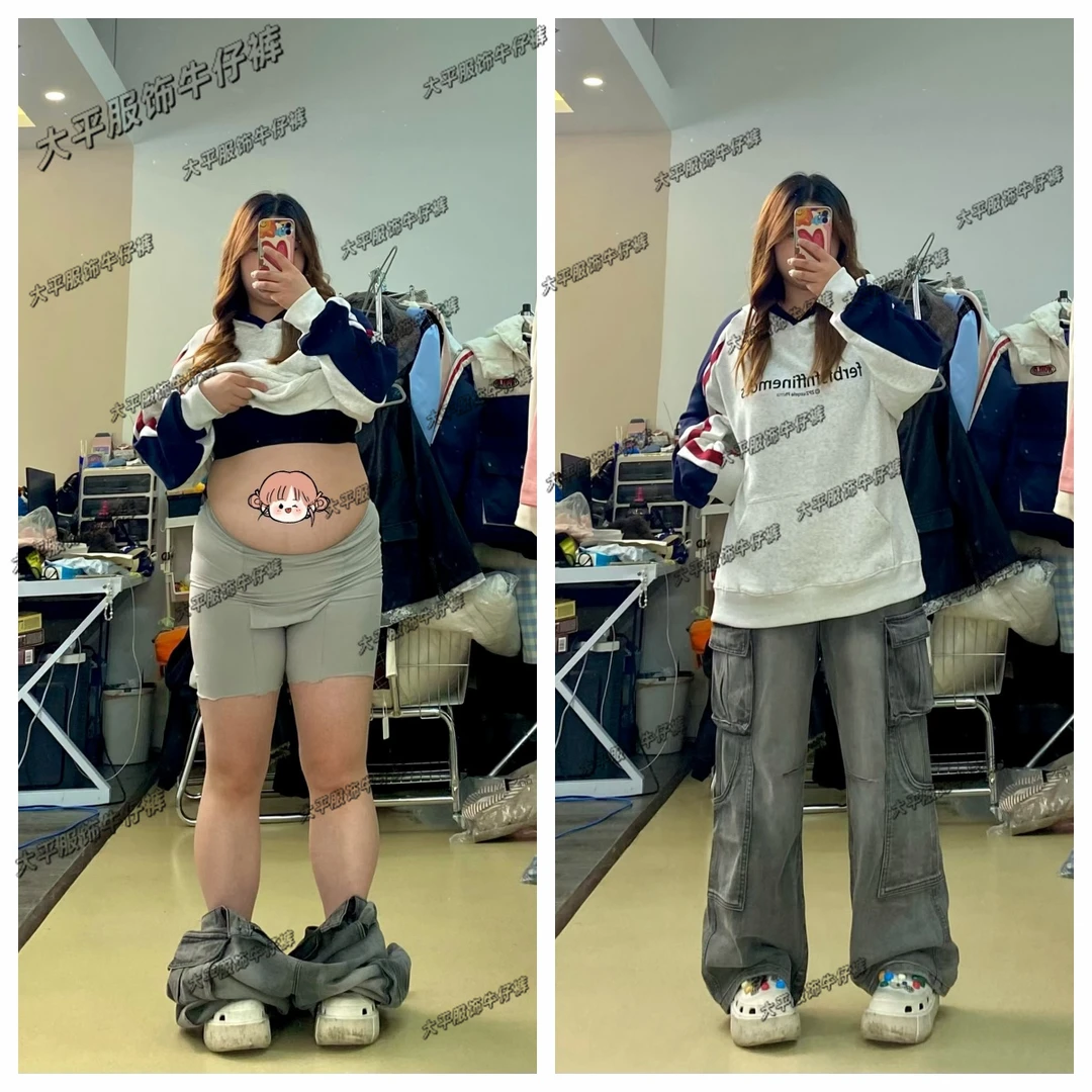 原创定制设计感多口袋早秋新款高腰百搭灰色牛仔工装裤女显瘦581