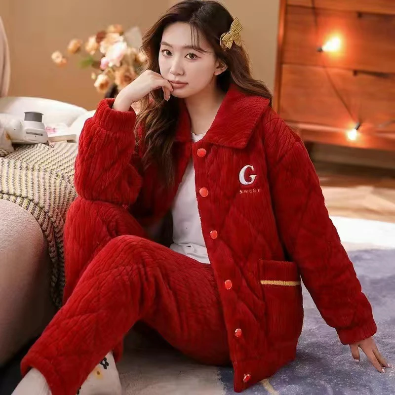 超厚防寒珊瑚绒三层夹棉睡衣女加绒加厚连帽睡袍可爱家居服冬保暖