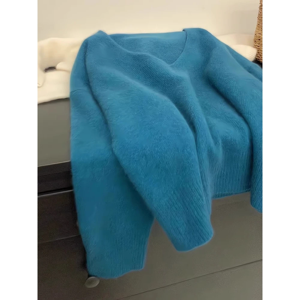 软糯蓝色V领套头毛衣女秋冬长袖慵懒风宽松显瘦针织衫内搭上衣