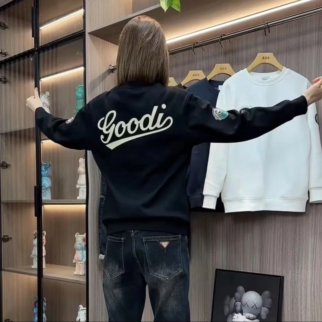 潮牌2025秋冬新款加绒男士卫衣打底长袖百搭圆领套头加绒印花上衣