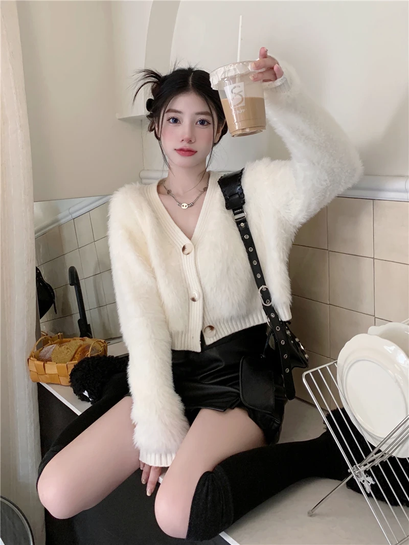 命命定制~软糯风仿貂绒外套秋冬款超仙奶针织开衫V领慵懒毛衣025