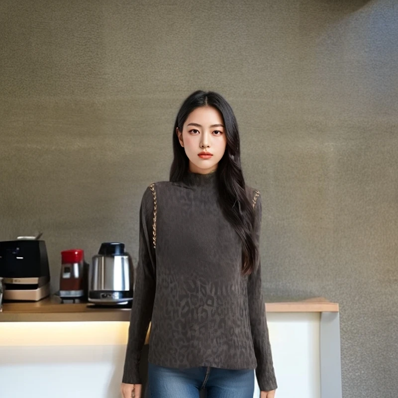 百搭女士宽松半高领秋冬豹纹上衣