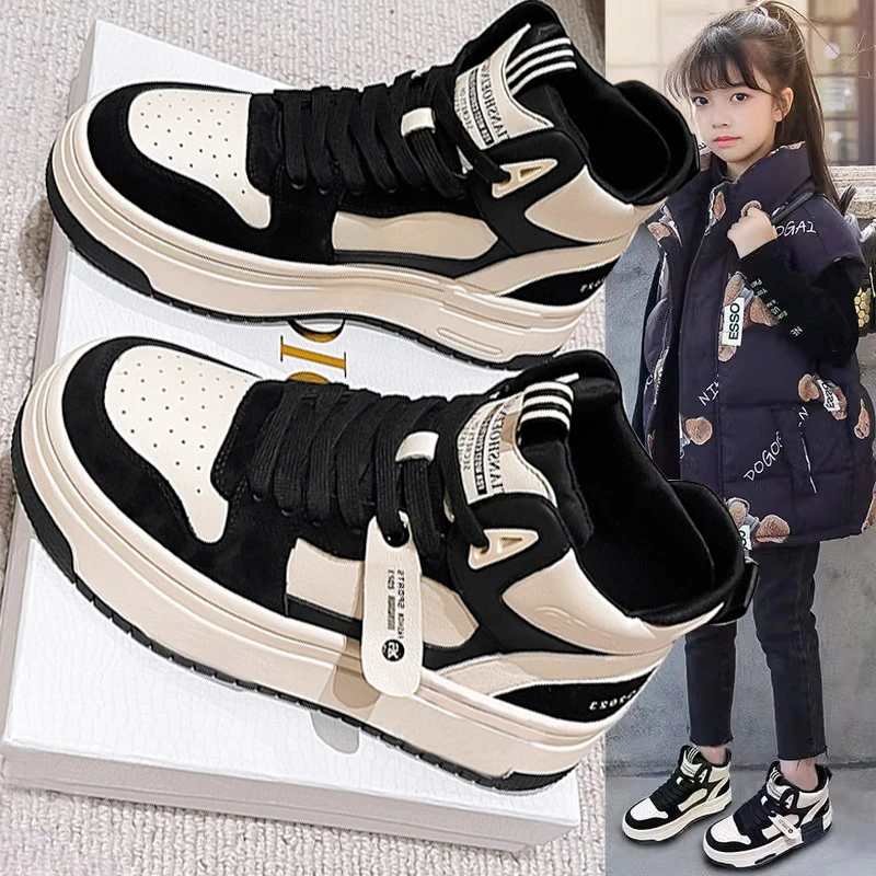 女童运动鞋加绒春秋学生二棉2025新款女孩高帮户外儿童鞋子