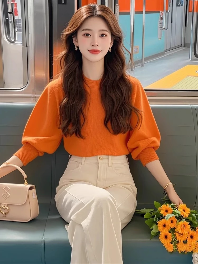 慵懒软糯古着橘色毛衣2024秋季新款高级感宽松显瘦小香风针织上衣