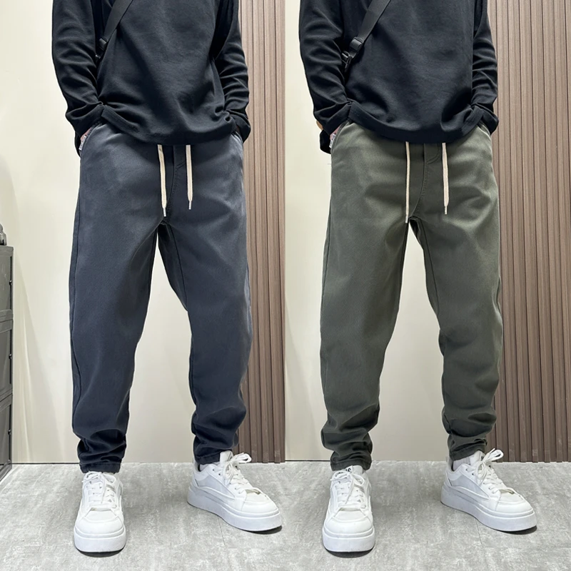 加绒裤子男秋冬厚款弹力哈伦休闲裤高级感韩版宽松微锥直筒工装裤