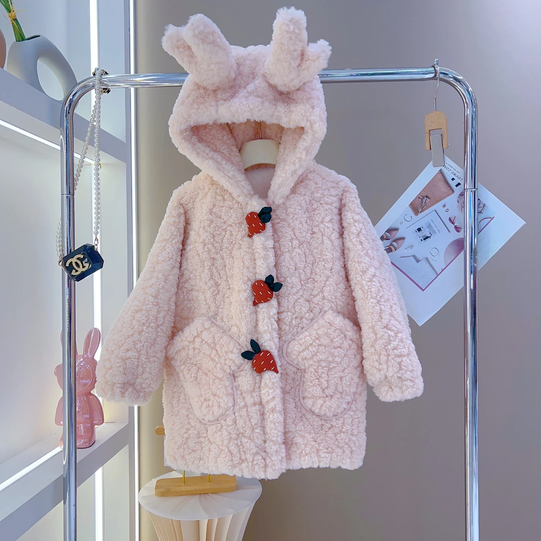 【现货库存】24冬新款儿童韩版加绒加厚中长款连帽羔羔毛洋气外套