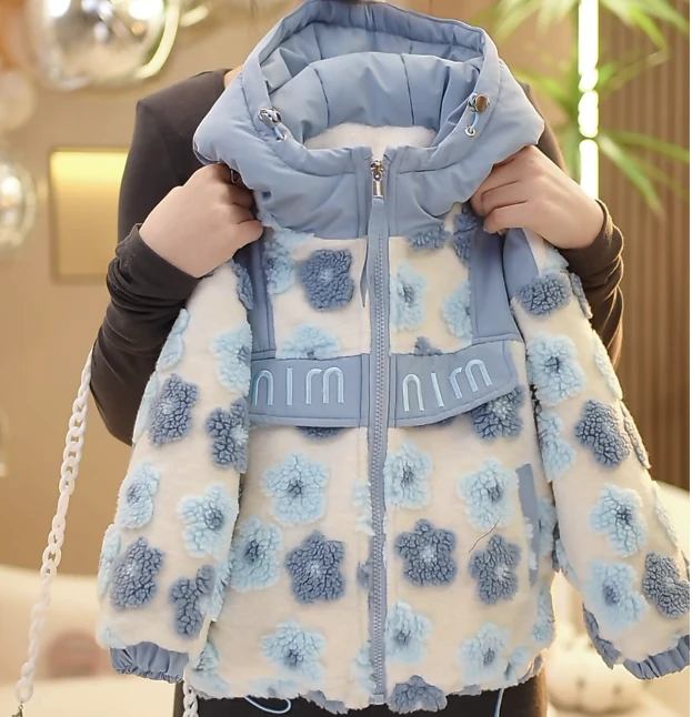 【现货在仓】25冬季新款儿童棉服花朵连帽加厚韩版百搭时髦外套