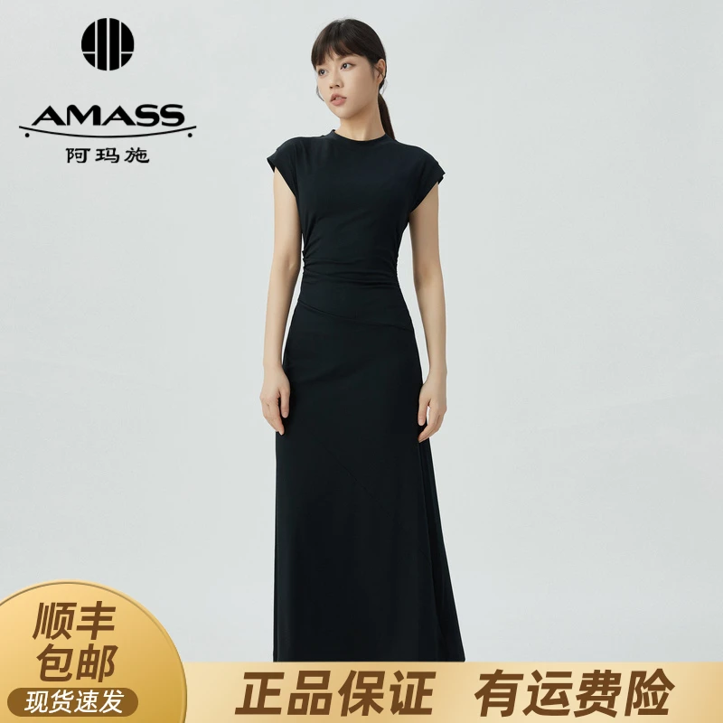 阿玛施新款圆领气质收腰无袖拼接连衣裙显瘦春夏优雅黑色5500454