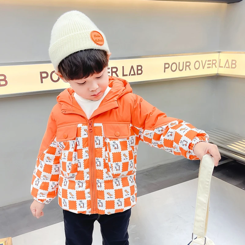 儿童羽绒服加厚格子冬装连帽中小童宝宝上衣男童新品白鸭绒外套