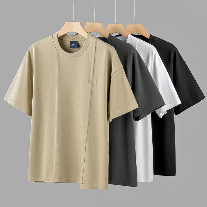 280G重磅纯棉短袖T恤男夏季新款潮流设计感拼接圆领纯色宽松半袖