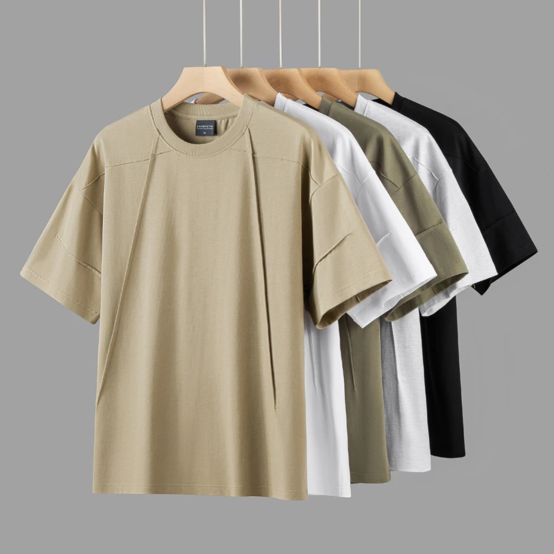 280G重磅短袖T恤男夏季设计感踩线纯色高街拼接宽松圆领半袖上衣