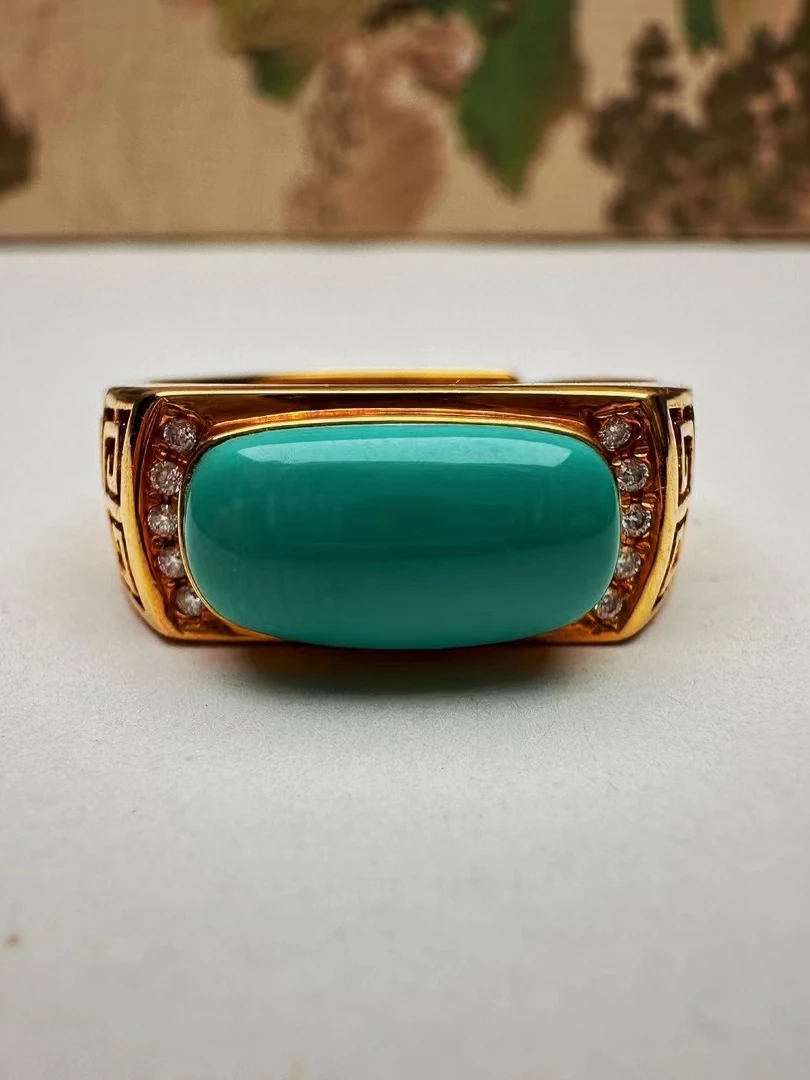 【莲心珠宝】金戒指丫角山原矿绿松石镶嵌18k金+钻石无水无油珠宝