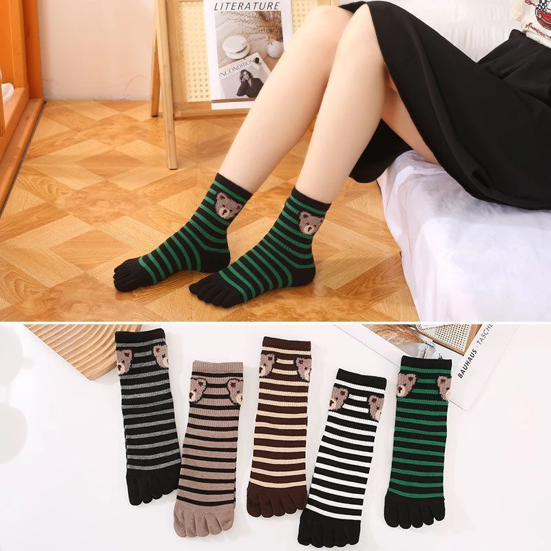 718秋冬女士五指袜中高筒条纹日系分趾袜吸汗百搭棉袜