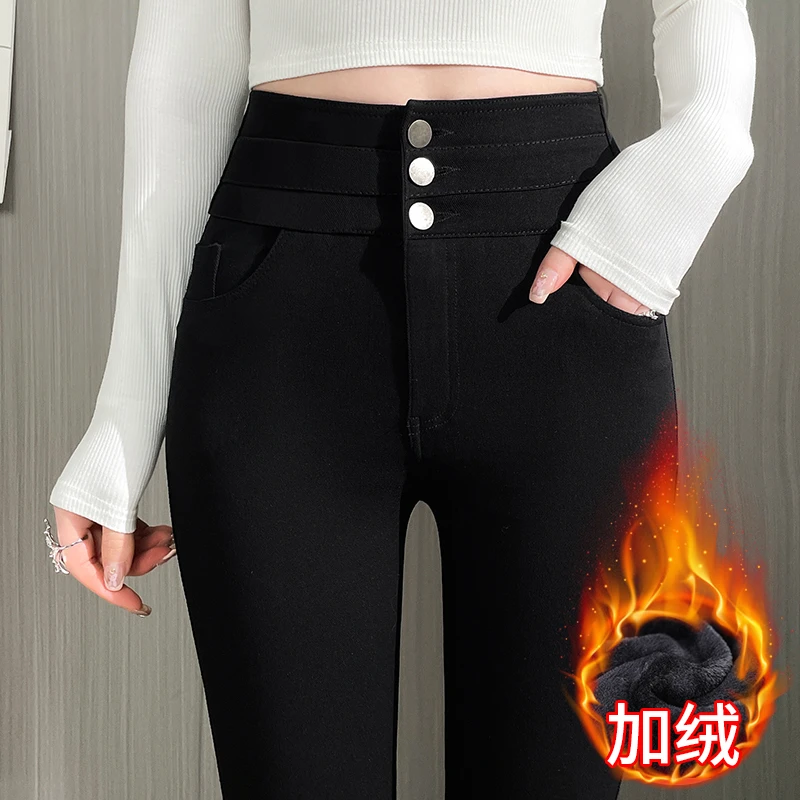 女士打底裤可外穿秋冬加绒保暖高腰显瘦紧身弹力黑色小脚瘦腿裤