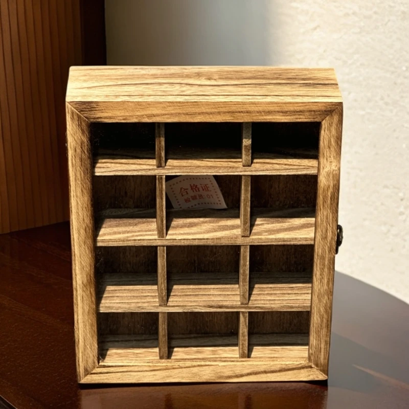 12格轻烧翻盖式首饰收纳盒中式复古格子储物多格桌面矮柜木质313