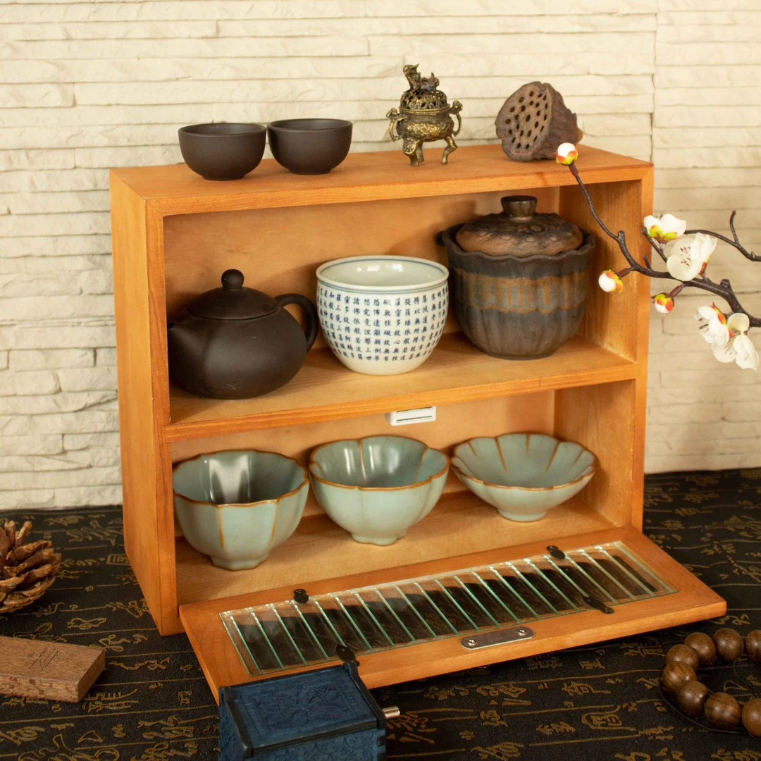 松木收纳盒双层景观置物简约复古储物客厅北欧家用木制8061