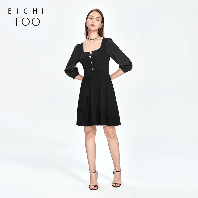 A爱居兔春季女装通勤风方领设计时尚针织衫连衣裙裙子EQLSJ1L804A