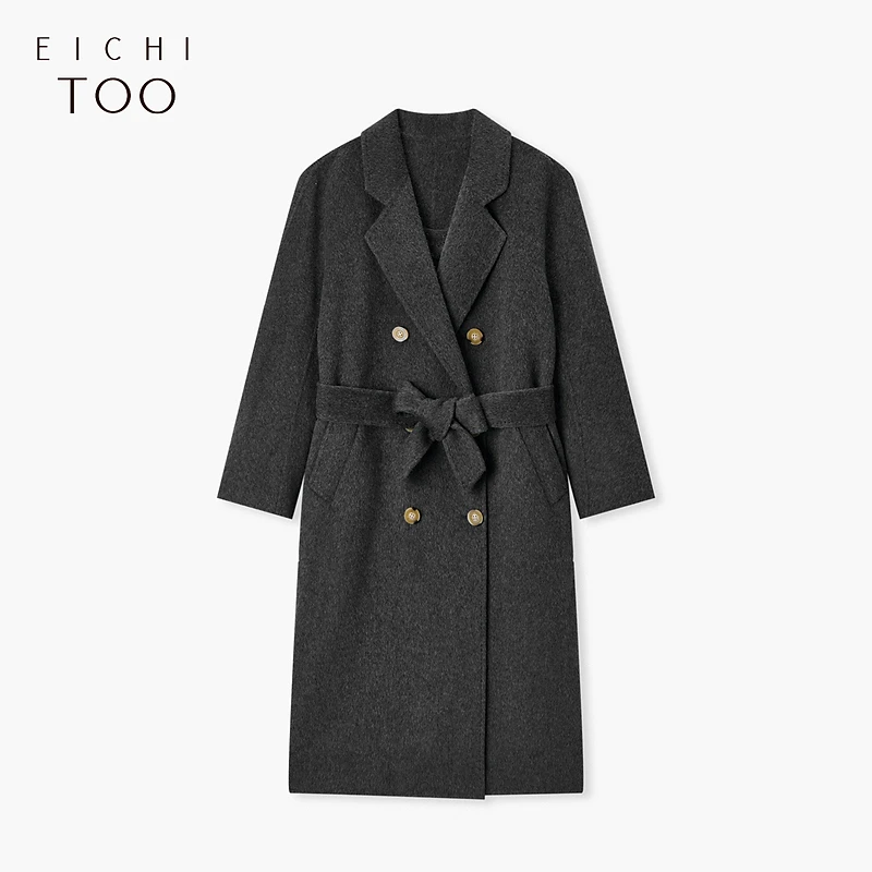 A爱居兔24冬季新通勤时尚戗驳领带腰带长款双面呢大衣EWDSJ4P002A