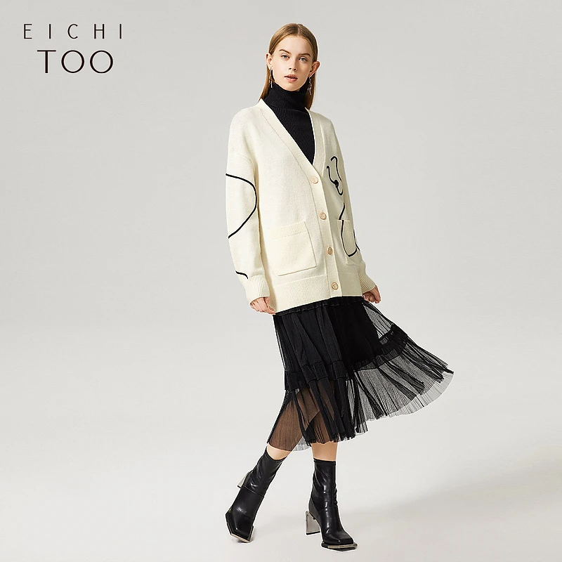 A爱居兔针织外套女通勤职场抽象勾线宽松针织衫上衣EWZSJ1M002A