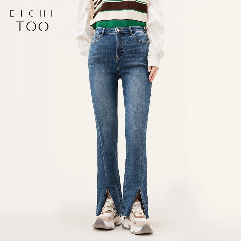 A爱居兔脚口开叉设计感休闲时尚牛仔裤喇叭裤EKNAJ3N001A