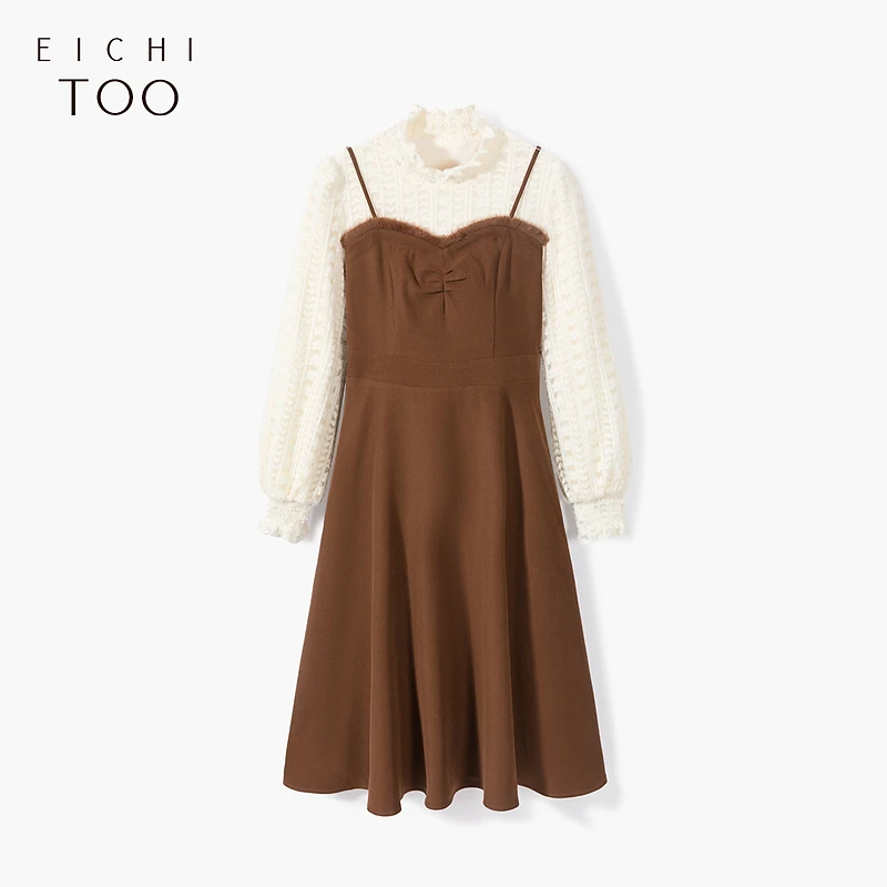 A爱居兔冬女拼接斜纹磨毛面料休闲假两件连衣裙EQLCJ4M007A