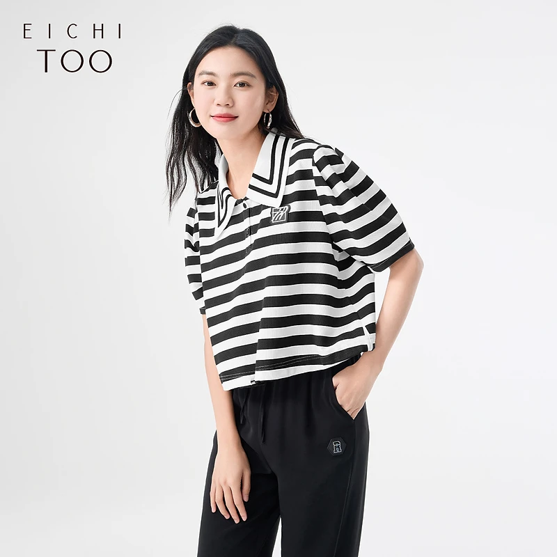 A爱居兔夏季新款复古条纹短袖针织衫ENZDJ2N001A