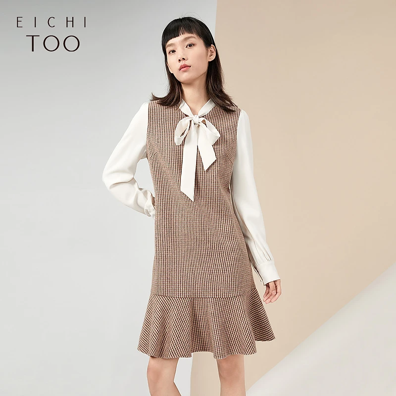 【拉拉专属】爱居兔通勤荷叶边淑女摆系带长袖连衣裙EQLCJ4L008A