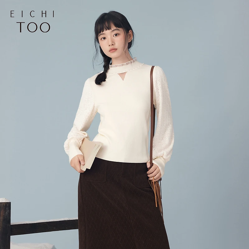 A爱居兔拼接设计感磨毛蕾丝打底衫针织衫ENZAJ4N017A